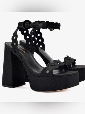 Larroude Dolly Broderie Sandal in Black Raffia